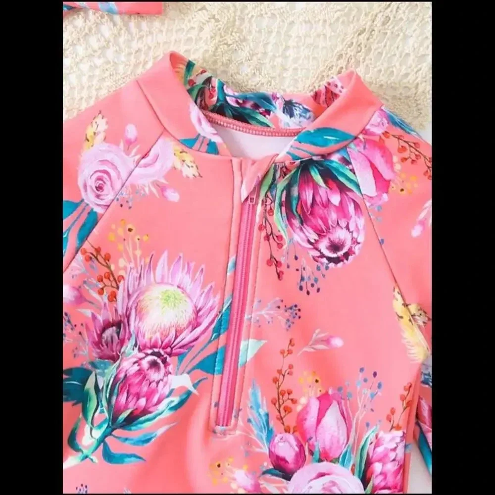 SHEIN Baby Girl Floral Print Raglan Sleeve Peplum One Piece Swimsuit Size 80